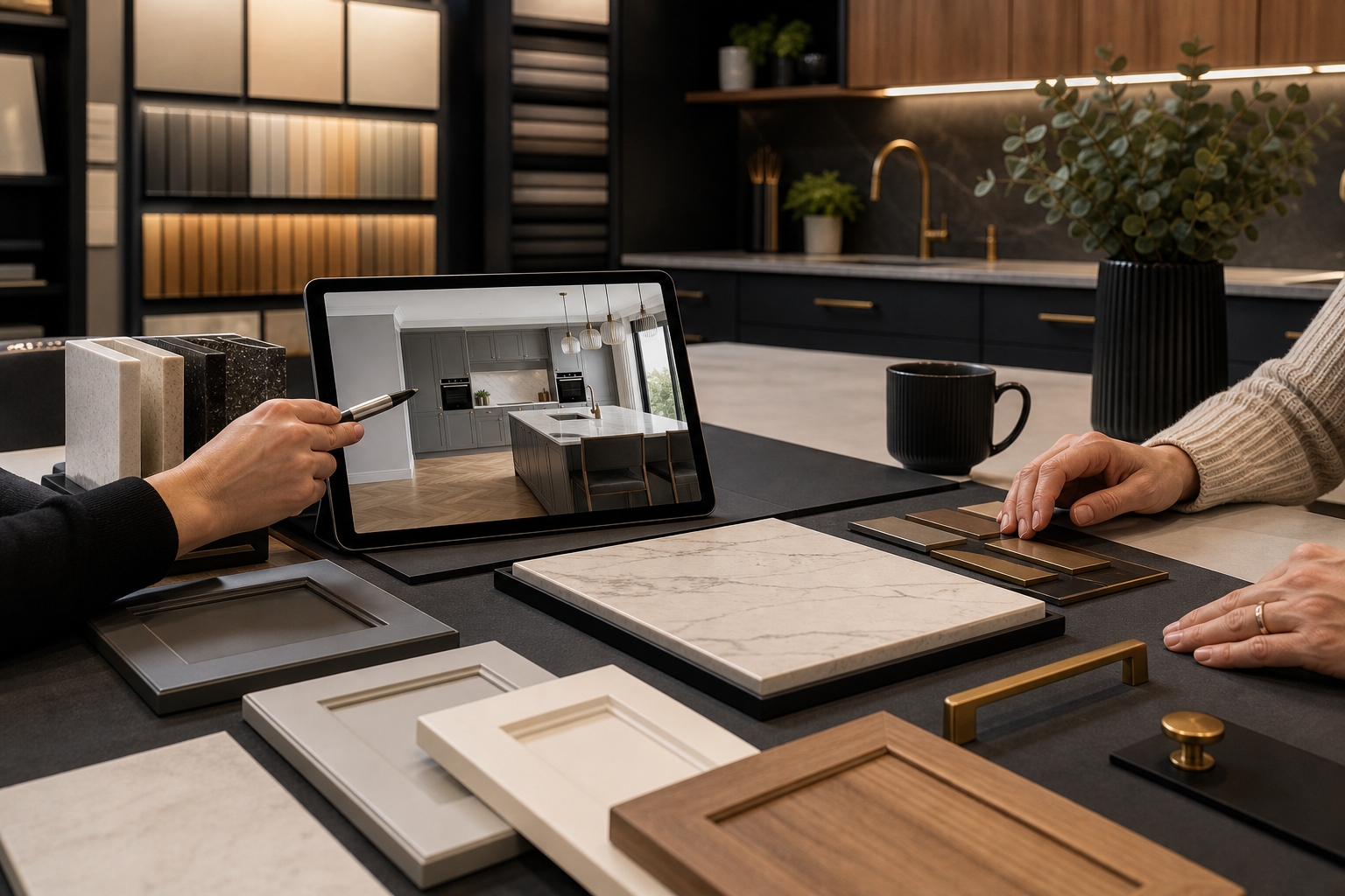 Kitchen design consultation with samples