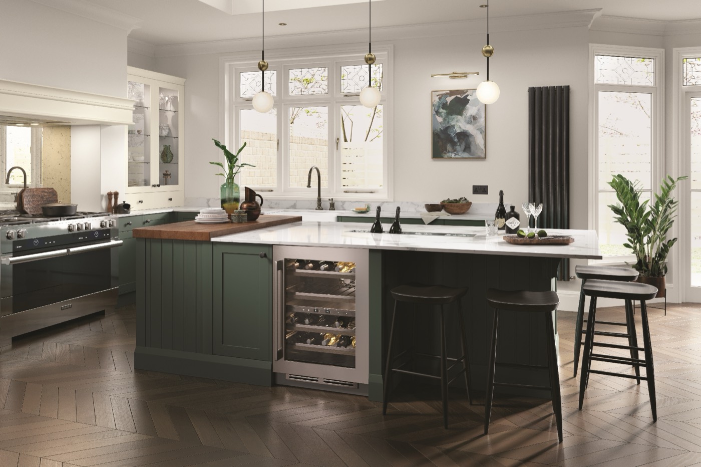 Clifden shaker kitchen in Heritage Green & Porcelain
