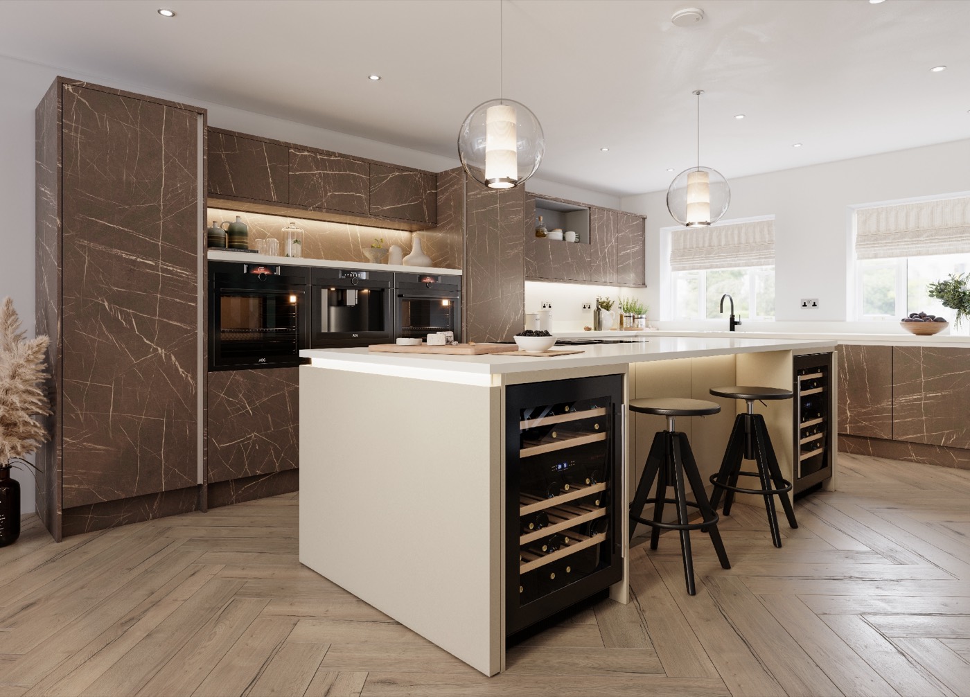 Rimini modern kitchen in Marmo Patagonia Blunt & Verona Cashmere Metaldeco