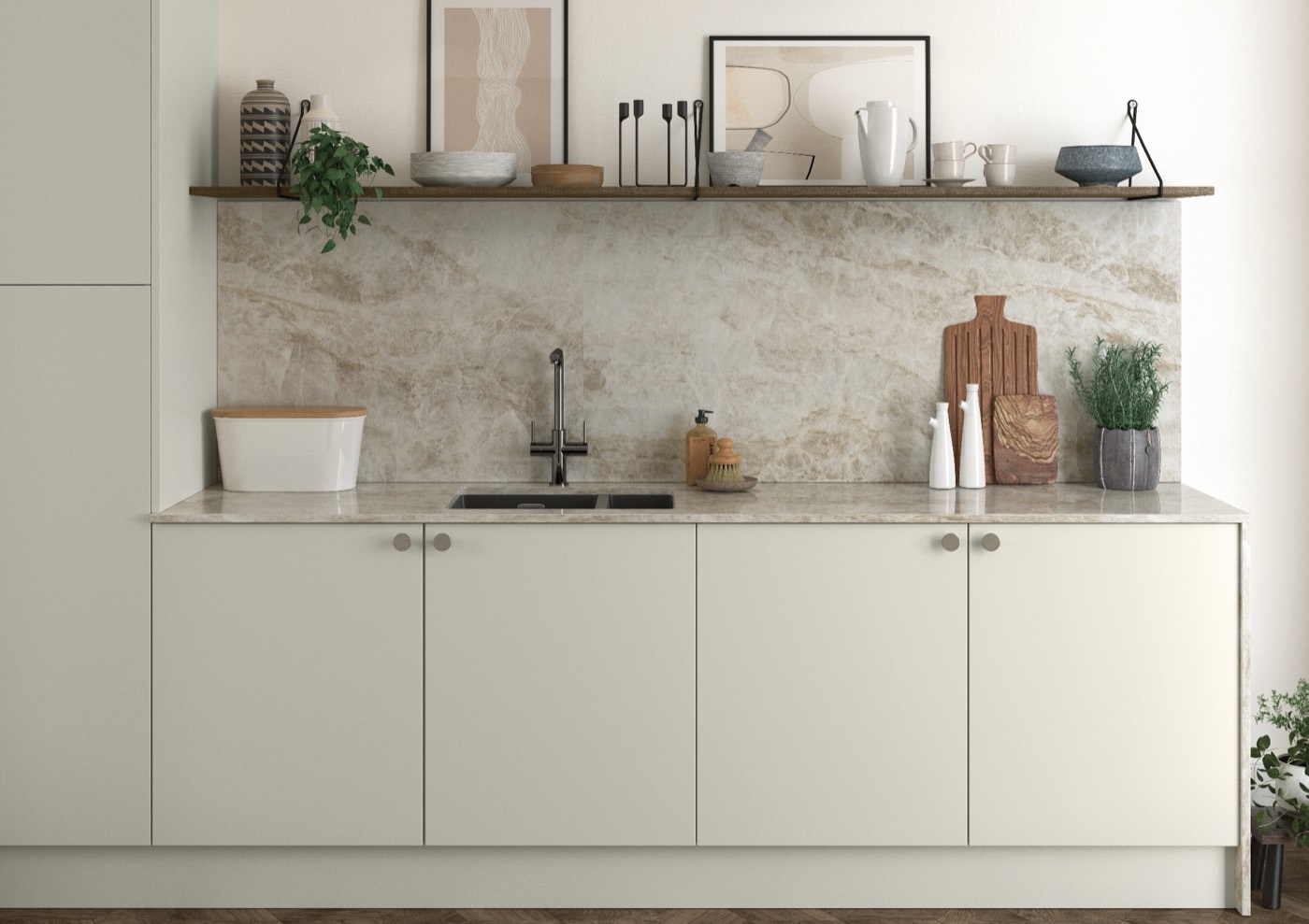 Zola modern kitchen in Soft Matte Porcelain & Rezana Weathered Silver
